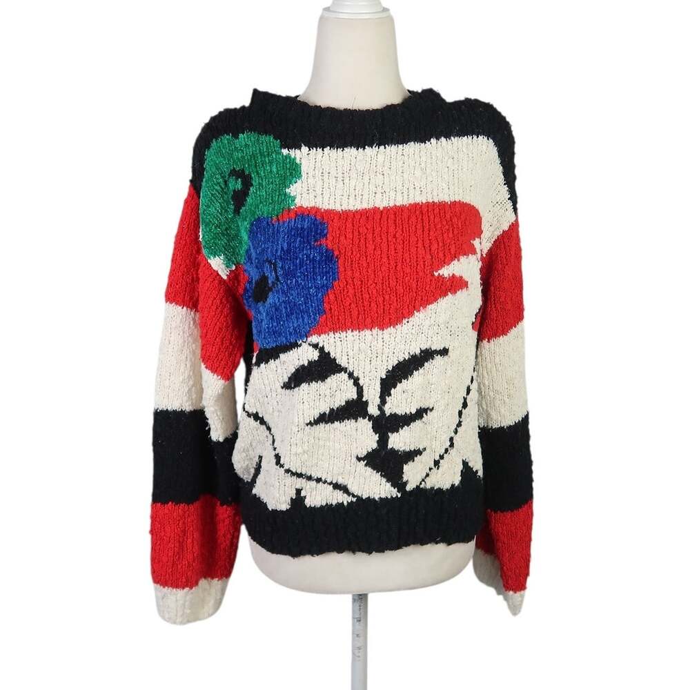 Vintage 80s black white red abstract floral knit sweater M